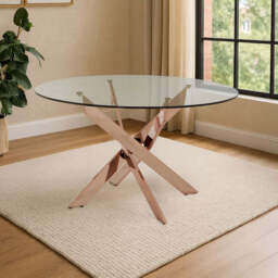 Round Tempered Glass Top Dining Table with Rose Gold Latticed Legs, Allure - thumbnail 3