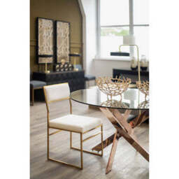 Round Tempered Glass Top Dining Table with Rose Gold Latticed Legs, Allure - thumbnail 4