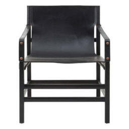 Kendari Black Leather and Teak Wood Frame Armchair