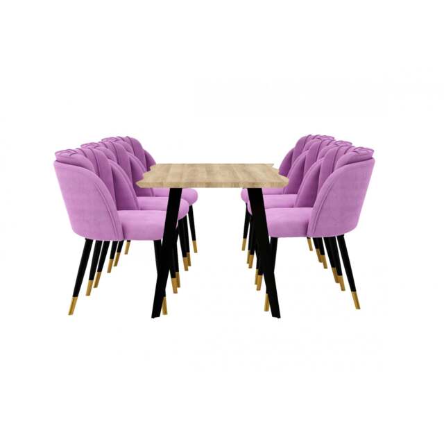 Milano Rocco Duke LUX Dining Set - a Oak Dining Table & 6 Velvet Dining Chairs with Gold End Caps - Purple