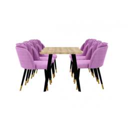 Milano Rocco Duke LUX Dining Set - a Oak Dining Table & 6 Velvet Dining Chairs with Gold End Caps - Purple