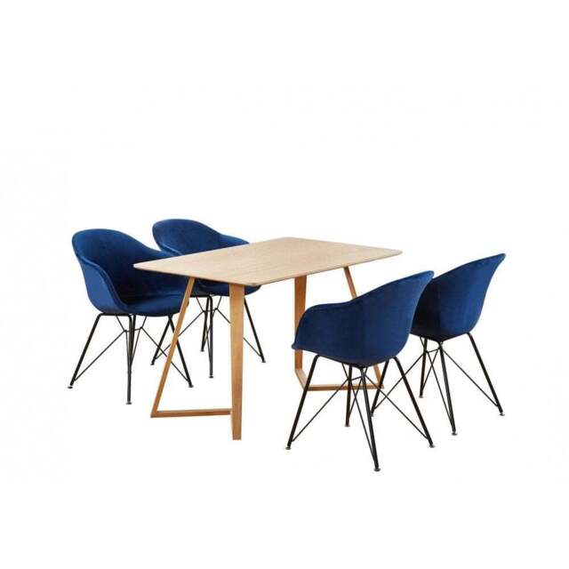 Valentina Dallas Dining Table Chairs Set of 4 - An Oak Dining Table & Set of 4 Black Velvet Dining Chairs - Dark Blue