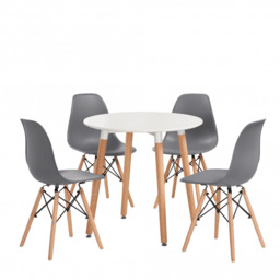 Eiffel Halo Round Dining Table Set with 4 Chairs - MDF Top, Plastic Chairs with Wooden Legs - Gray / White