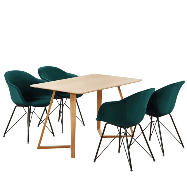 Valentina Dallas Dining Table Chairs Set of 4 - An Oak Dining Table & Set of 4 Black Velvet Dining Chairs - Green