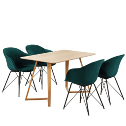 Valentina Dallas Dining Table Chairs Set of 4 - An Oak Dining Table & Set of 4 Black Velvet Dining Chairs - Green