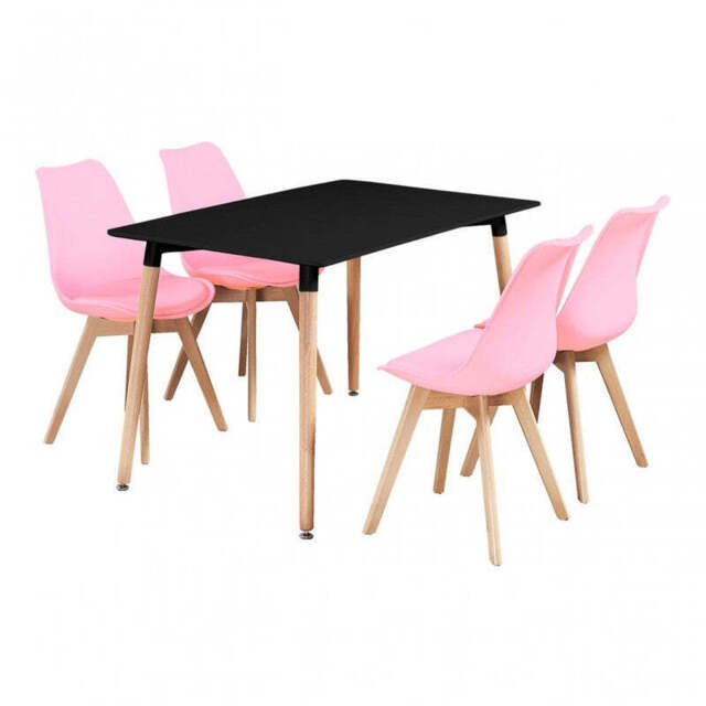 Black Halo Dining Table & Set of 4 Jamie Lorenzo Tulip chairs with Padded Seat - Pink