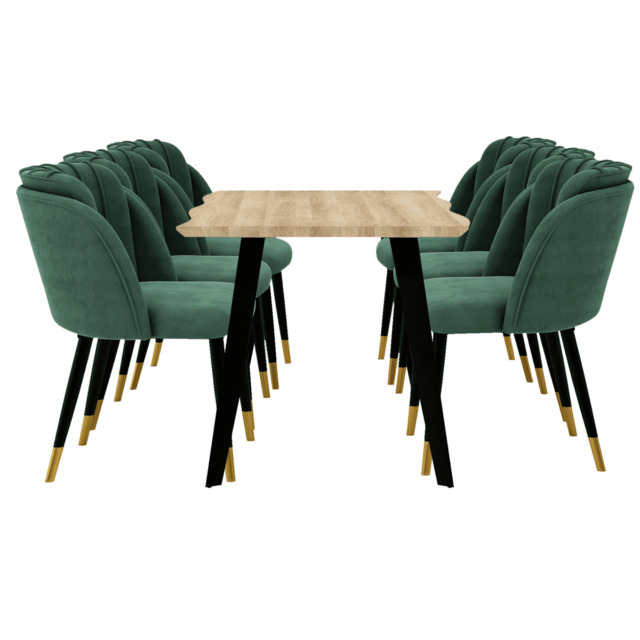 Milano Rocco Duke LUX Dining Set - a Oak Dining Table & 6 Velvet Dining Chairs with Gold End Caps - Green