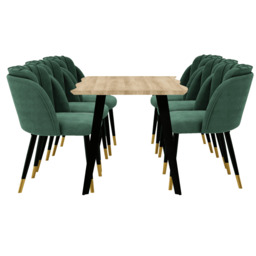 Milano Rocco Duke LUX Dining Set - a Oak Dining Table & 6 Velvet Dining Chairs with Gold End Caps - Green