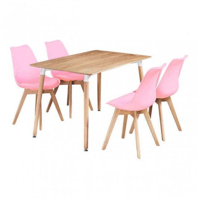 5PCs Dining Set - an Oak Halo Dining Table & Set of 4 Pink Lorenzo Tulip chairs with Padded Seat - image 1
