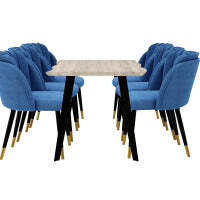 Milano Duke LUX Dining Set - a Light Walunt Dining Table & 6 Velvet Dining Chairs with Gold End Caps - Blue