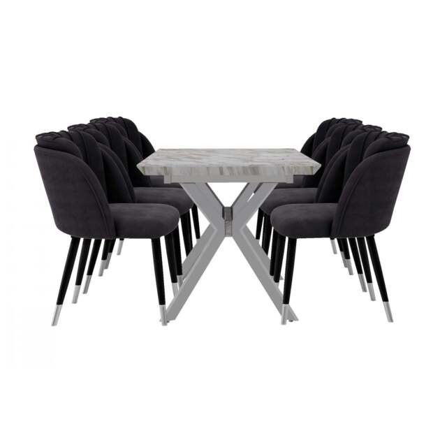 Milano Blaze LUX Dining Set - a White EXTENDABLE Dining Table & 6 Velvet Dining Chairs with Silver End Caps - image 1