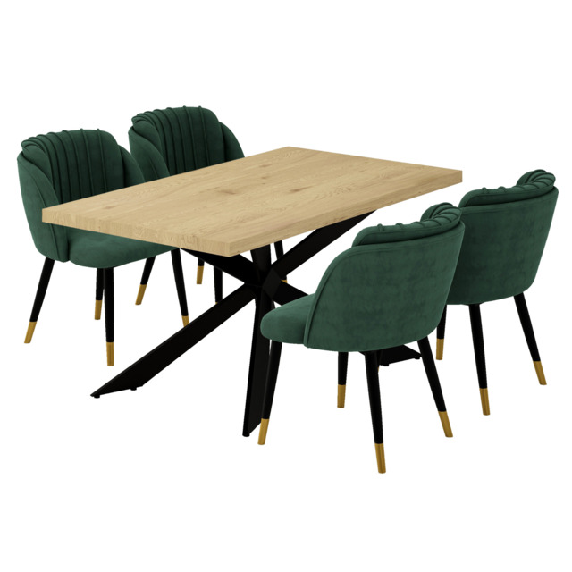 Milano Duke LUX Dining Set - a Oak Dining Table & 4 Dining Chairs with Silver End Caps - Green