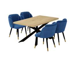 Milano Duke LUX Dining Set - a Oak Dining Table & 4 Dining Chairs with Silver End Caps - Blue