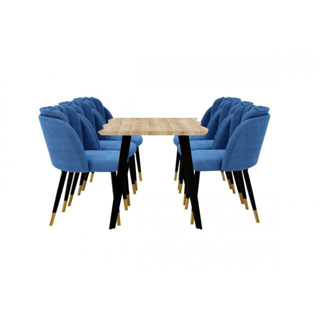 Milano Rocco Duke LUX Dining Set - a Oak Dining Table & 6 Velvet Dining Chairs with Gold End Caps - Blue