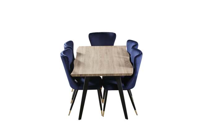 7 Pieces New York Rocco Dining Set - a Walnut Rectangular Dining Table and Set of 6 Green Dining Chairs - Blue