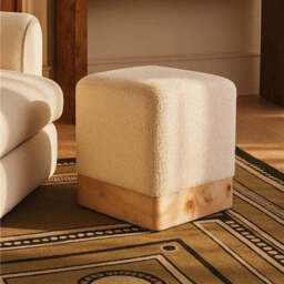 Mota Cream Boucle and Burl Wood Square Stool