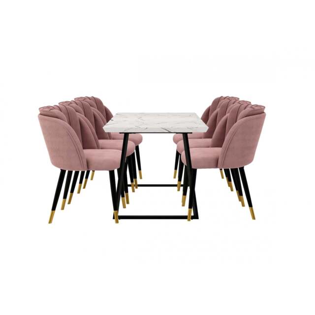 Milano Toga Extendable Dining Set - a White Extendable Dining Table & 6 Dining Chairs with Gold End Caps - Pink