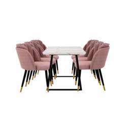 Milano Toga Extendable Dining Set - a White Extendable Dining Table & 6 Dining Chairs with Gold End Caps - Pink