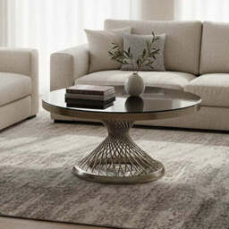 Anzio Black Glass Round Coffee Table with Silver Finish Base - thumbnail 1