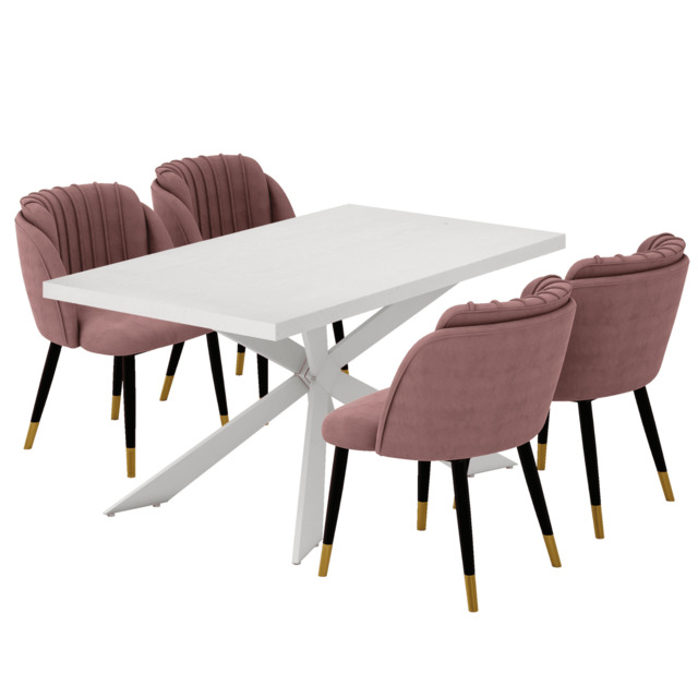 Milano Duke LUX Dining Set - a White Dining Table & 4 Velvet Dining Chairs with Gold End Caps - Pink
