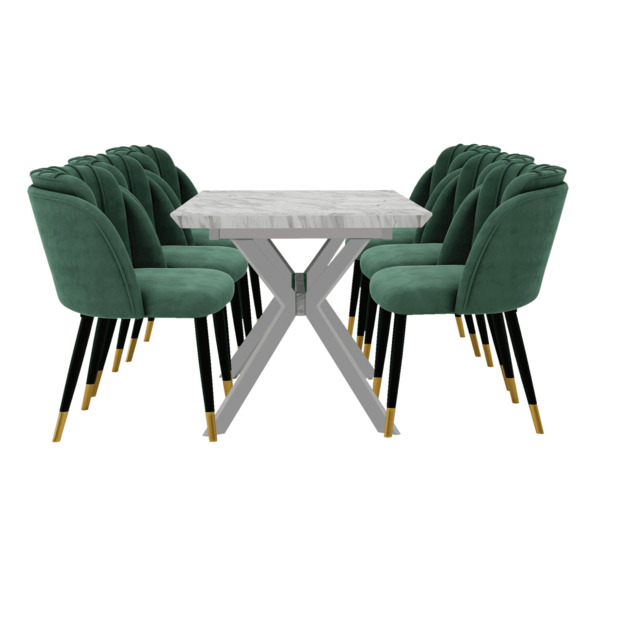 Milano Blaze LUX Dining Set - a White EXTENDABLE Dining Table & 6 Velvet Dining Chairs with Gold End Caps - Green