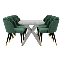 Milano Blaze LUX Dining Set - a White EXTENDABLE Dining Table & 6 Velvet Dining Chairs with Gold End Caps - Green