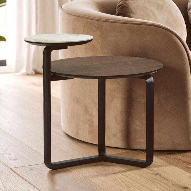 Brown Marble Effect Ceramic Top Round 2-Tier Coffee Table with Eucalyptus Veneer Lower Shelf and Black Metal Legs, Imperia - image 1