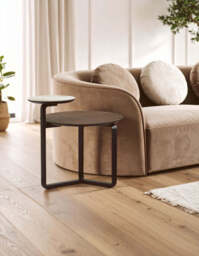 Brown Marble Effect Ceramic Top Round 2-Tier Coffee Table with Eucalyptus Veneer Lower Shelf and Black Metal Legs, Imperia - thumbnail 3
