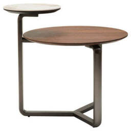 Brown Marble Effect Ceramic Top Round 2-Tier Coffee Table with Eucalyptus Veneer Lower Shelf and Black Metal Legs, Imperia - thumbnail 5