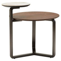Brown Marble Effect Ceramic Top Round 2-Tier Coffee Table with Eucalyptus Veneer Lower Shelf and Black Metal Legs, Imperia - thumbnail 2