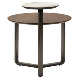 Brown Marble Effect Ceramic Top Round 2-Tier Coffee Table with Eucalyptus Veneer Lower Shelf and Black Metal Legs, Imperia - thumbnail 4