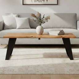 Live Edge Acacia Wood Top Coffee Table with Black Iron Legs - Surax