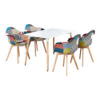 Patchwork Halo Dining Set - Set of 4 Tub Retro Chairs with Armrests & a Halo Table w/ Solid Wooden Legs - White
