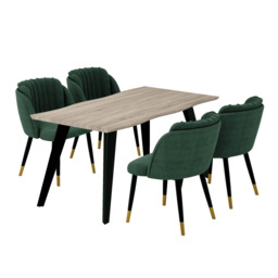 Milano Duke LUX Dining Set, a Light Walunt Dining Table & 4 Velvet Dining Chairs with Gold End Caps - Green