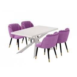 Milano Duke LUX Dining Set - a White Dining Table & 4 Velvet Dining Chairs with Gold End Caps - Purple