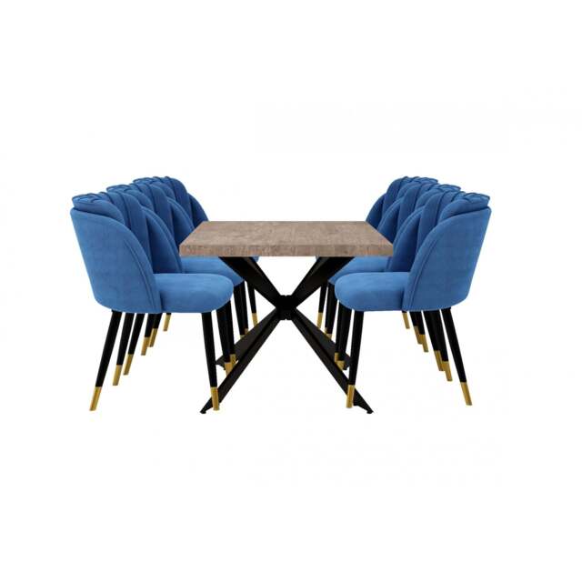Milano Blaze LUX Extendable Dining Set - a Walnut Extendable Dining Table & 4 Velvet Dining Chairs with Gold End Caps - Blue