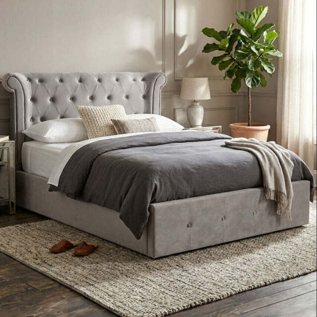 Grey Velvet Ottoman Double Bed - Edison - image 1