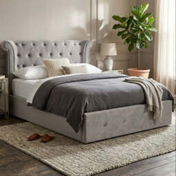 Grey Velvet Ottoman Double Bed - Edison - thumbnail 1