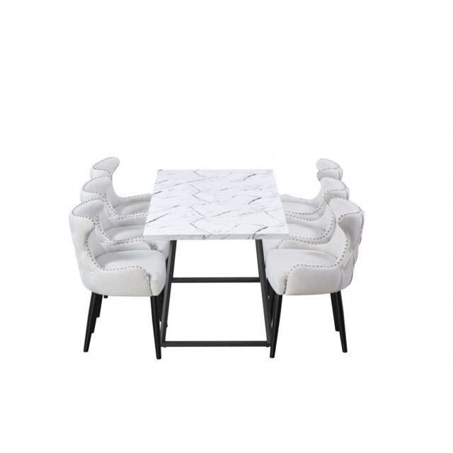 Toga Oxford LUX Dining Set - Toga Extendable White Dining Table w/ a Set of 6 Oxford LUX Velvet Dining Chairs - cream