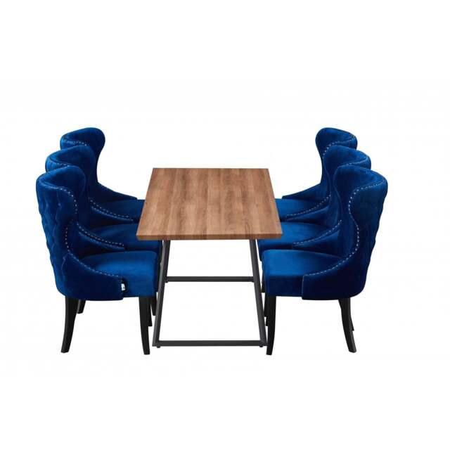 Toga Mayfair LUX Dining Table Set - Toga Extendable Walnut Dining Table w/ a Set of 6 Mayfair LUX Velvet Dining Chairs - Royal Blue