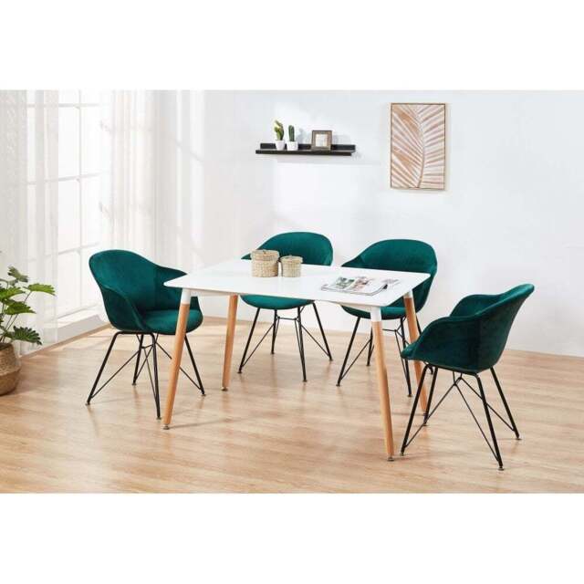 Valentina Halo White Dining Set with 4 Velvet Chairs - Green