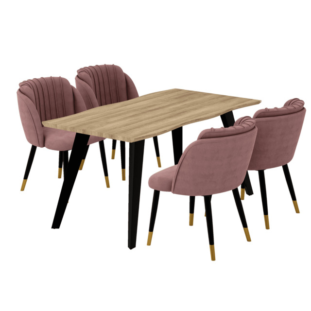 Milano Rocco Duke LUX Dining Set - a Oak Dining Table & 4 Velvet Dining Chairs with Gold End Caps - Pink