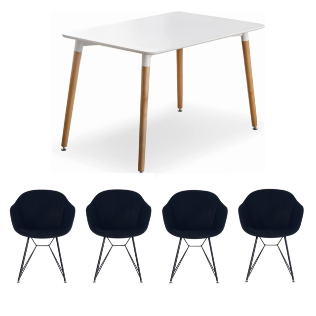 Valentina Halo White Dining Set with 4 Velvet Chairs - Black