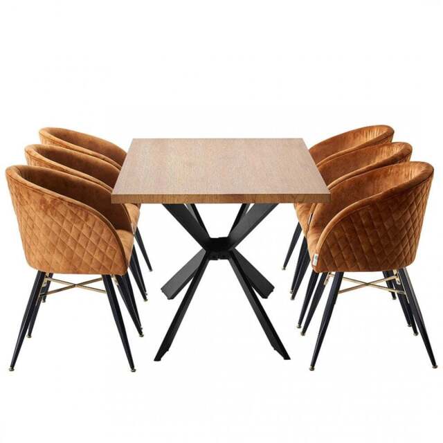 Vittorio Duke Oak LUX Dining Set with 6 Tan Velvet Chairs - image 1