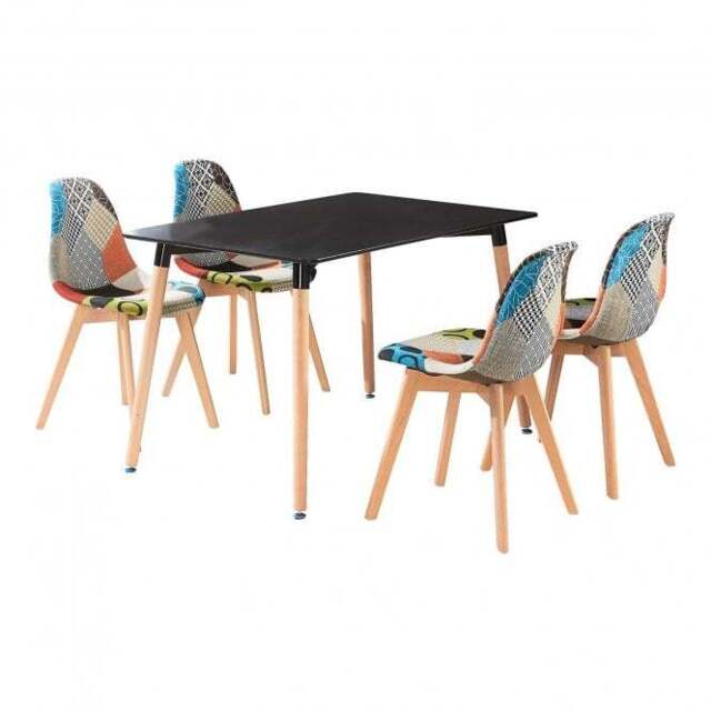 Patchwork Halo Dining Table Set - Set of 4 Patchwork Retro Chairs & a Halo Dining Table w/ Solid Wooden Legs - Black