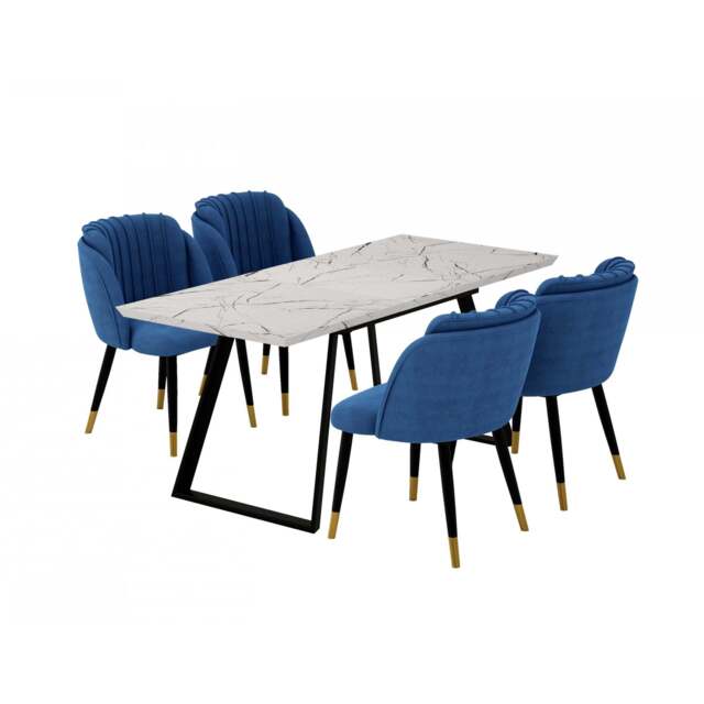 Milano Toga Extendable Dining Set - a White Extendable Dining Table & 4 Dining Chairs with Gold End Caps - Blue