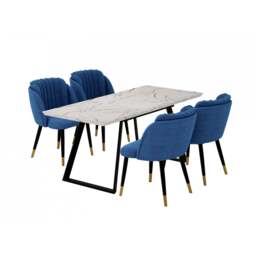 Milano Toga Extendable Dining Set - a White Extendable Dining Table & 4 Dining Chairs with Gold End Caps - Blue