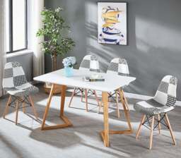 Black/White Patchwork Modern Dining Chair with Wooden Legs & Black Metal Wire Frame - thumbnail 2
