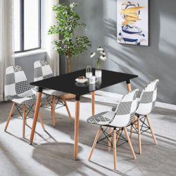 Black/White Patchwork Modern Dining Chair with Wooden Legs & Black Metal Wire Frame - thumbnail 5