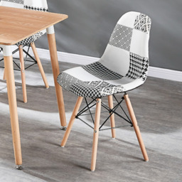 Black/White Patchwork Modern Dining Chair with Wooden Legs & Black Metal Wire Frame